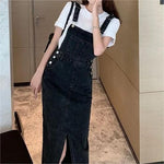 Retro Slim Slit Design Suspenders Skirt
