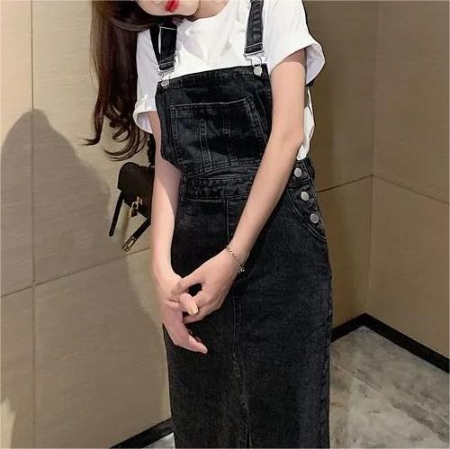 Retro Slim Slit Design Suspenders Skirt