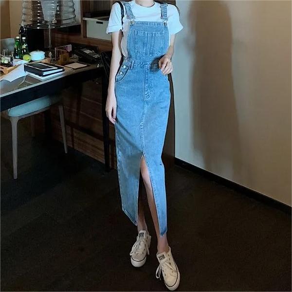 Retro Slim Slit Design Suspenders Skirt