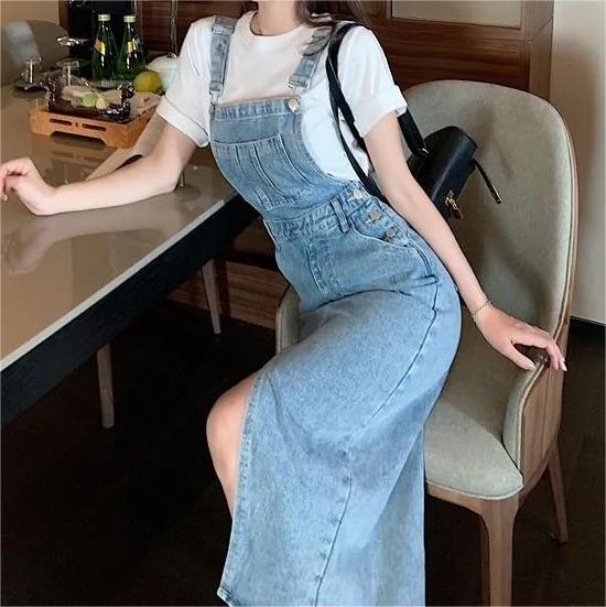 Retro Slim Slit Design Suspenders Skirt