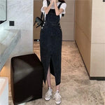 Retro Slim Slit Design Suspenders Skirt