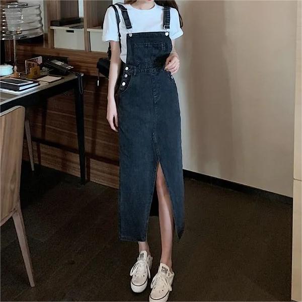 Retro Slim Slit Design Suspenders Skirt