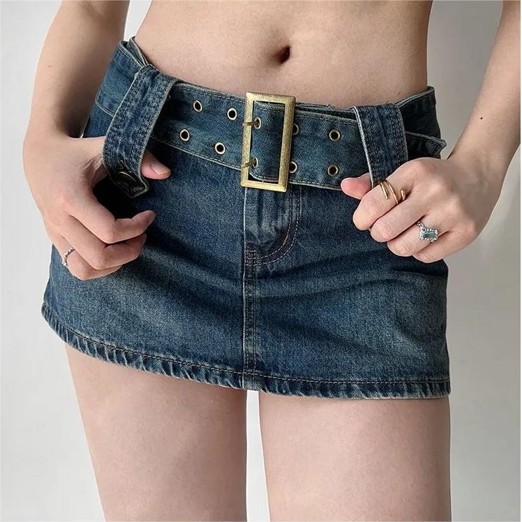 Vintage High Waist Belt Denim Skirt