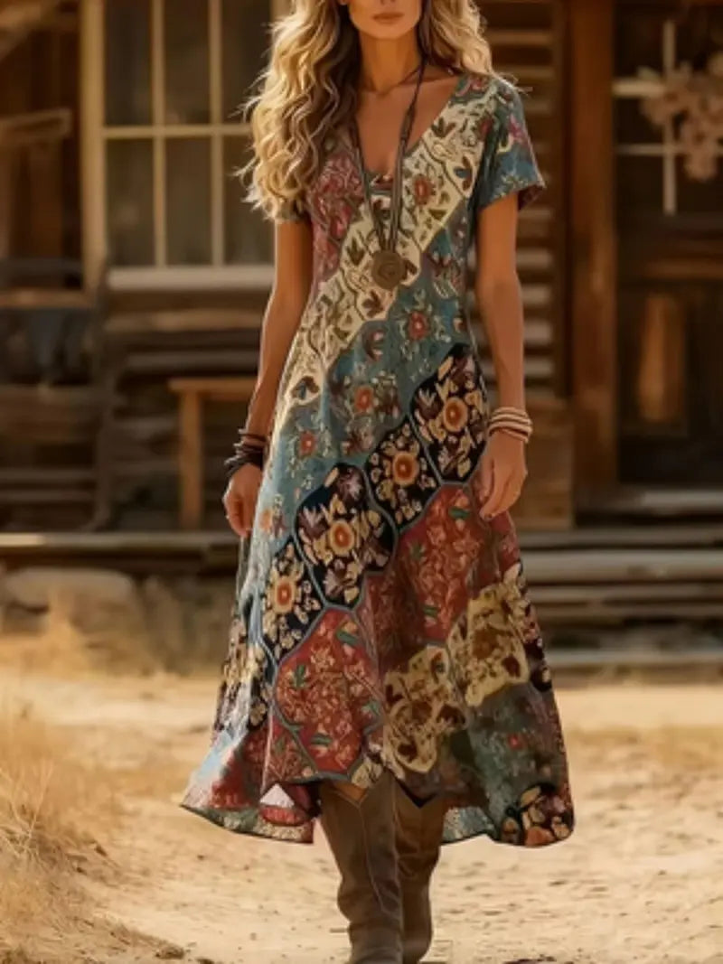 Spring Summer Vintage Bohemian Boho Print Dress V Neck Short Sleeve, Retro Style Casual Wear, Women's Fashion Clothing