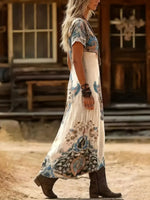 Spring Summer Vintage Bohemian Boho Print Dress V Neck Short Sleeve, Retro Style Casual Wear, Women's Fashion Clothing