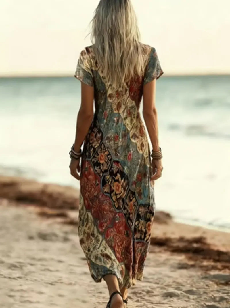 Spring Summer Vintage Bohemian Boho Print Dress V Neck Short Sleeve, Retro Style Casual Wear, Women's Fashion Clothing
