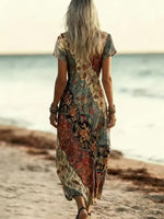 Spring Summer Vintage Bohemian Boho Print Dress V Neck Short Sleeve, Retro Style Casual Wear, Women's Fashion Clothing