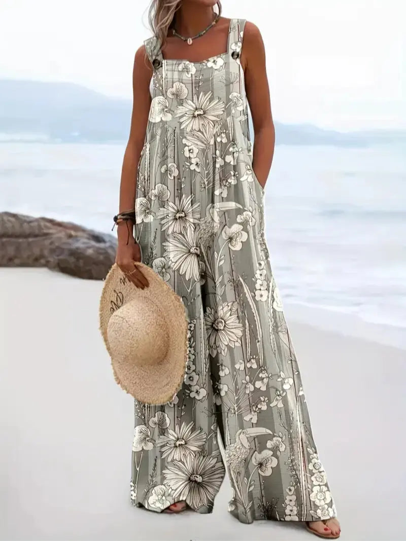 Plus Size All Over Print Floral Button Design Overall, Bohemian Casual Sleeveless Wide Leg Jumpsuit for Beach Vacation, Womenswear for Summer