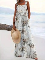 Plus Size All Over Print Floral Button Design Overall, Bohemian Casual Sleeveless Wide Leg Jumpsuit for Beach Vacation, Womenswear for Summer