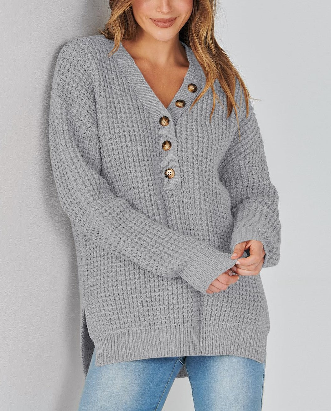 Women's Waffle Side Slit Knit Sweater