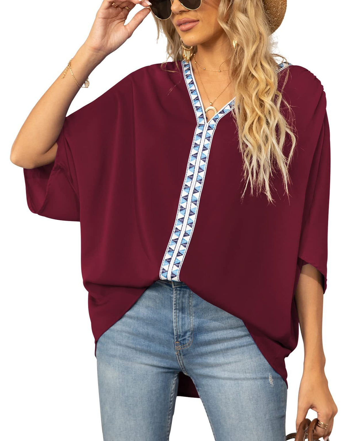 Summer New Women's Bat Sleeve V-neck T-shirt