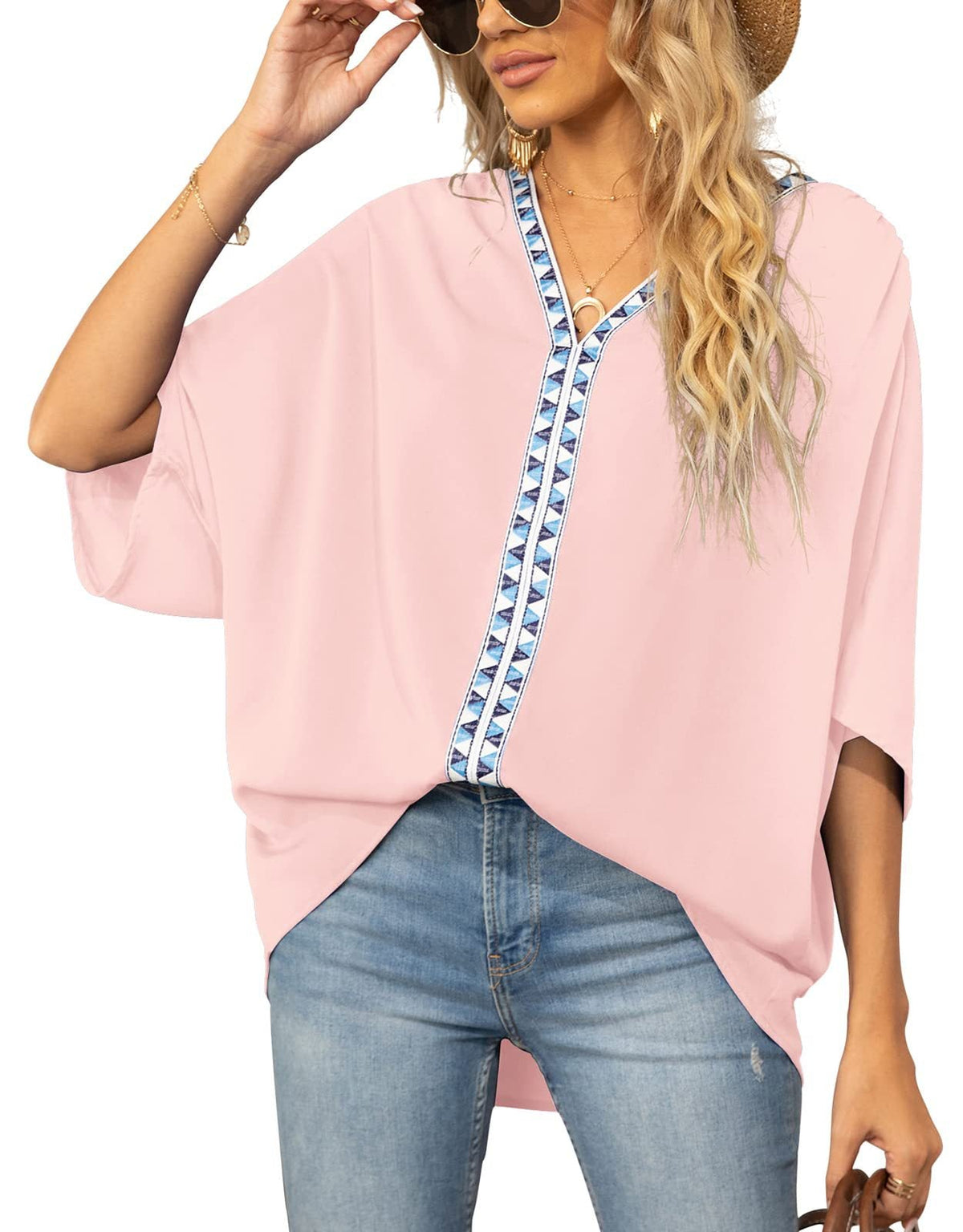 Summer New Women's Bat Sleeve V-neck T-shirt