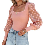 Square Neck Mesh Polka Dot Patchwork Pit Strip Long Sleeve