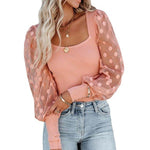 Square Neck Mesh Polka Dot Patchwork Pit Strip Long Sleeve