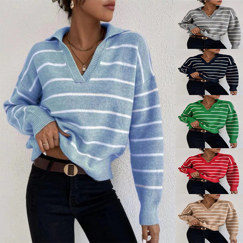 Spring Knitted Tops Versatile Polo Neck Striped Shirt