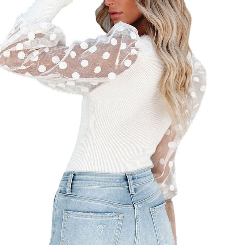 Square Neck Mesh Polka Dot Patchwork Pit Strip Long Sleeve