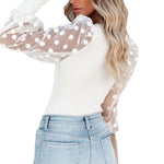 Square Neck Mesh Polka Dot Patchwork Pit Strip Long Sleeve