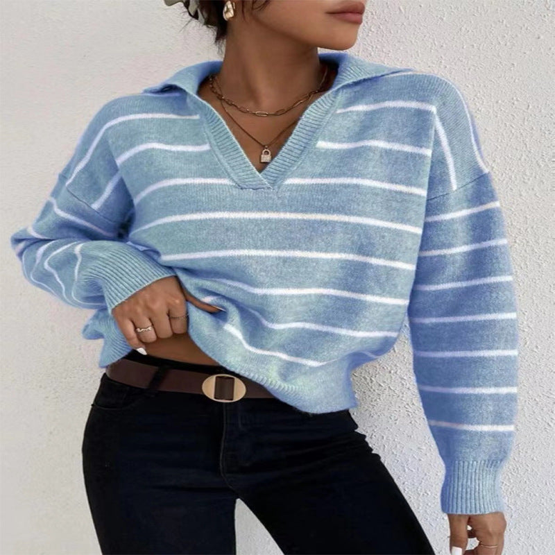 Spring Knitted Tops Versatile Polo Neck Striped Shirt