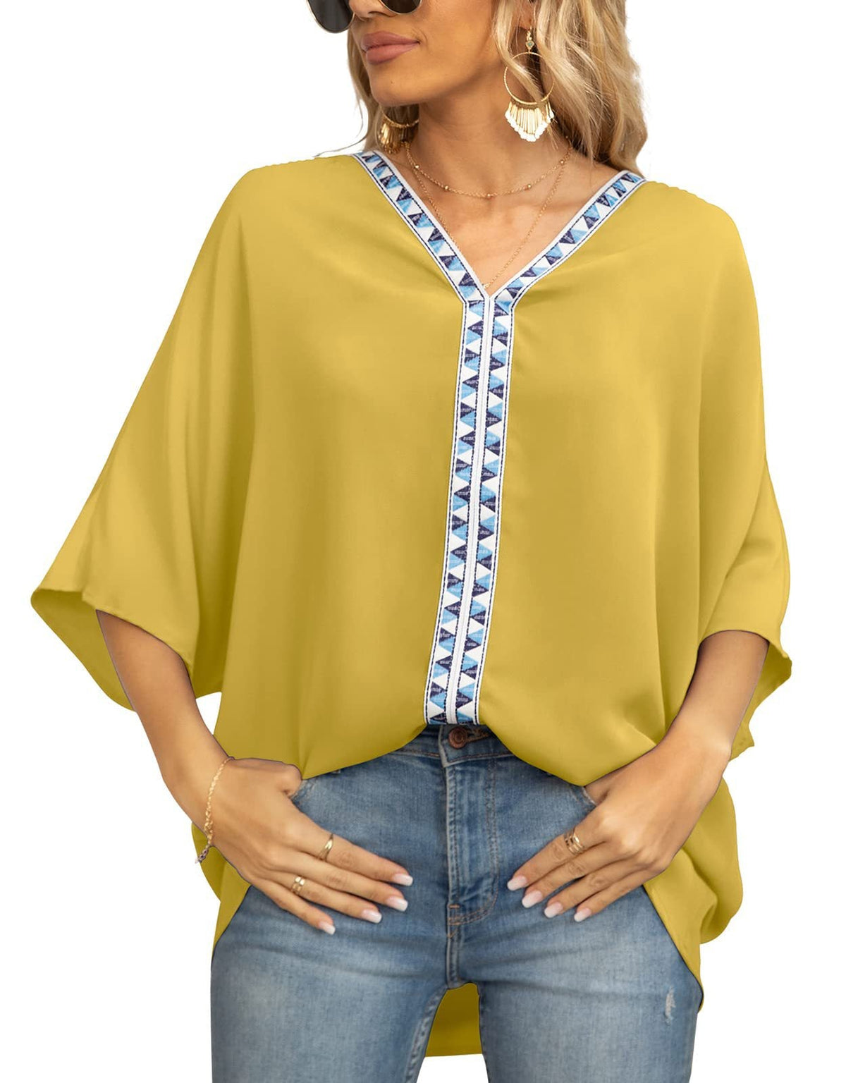 Summer New Women's Bat Sleeve V-neck T-shirt