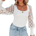 Square Neck Mesh Polka Dot Patchwork Pit Strip Long Sleeve