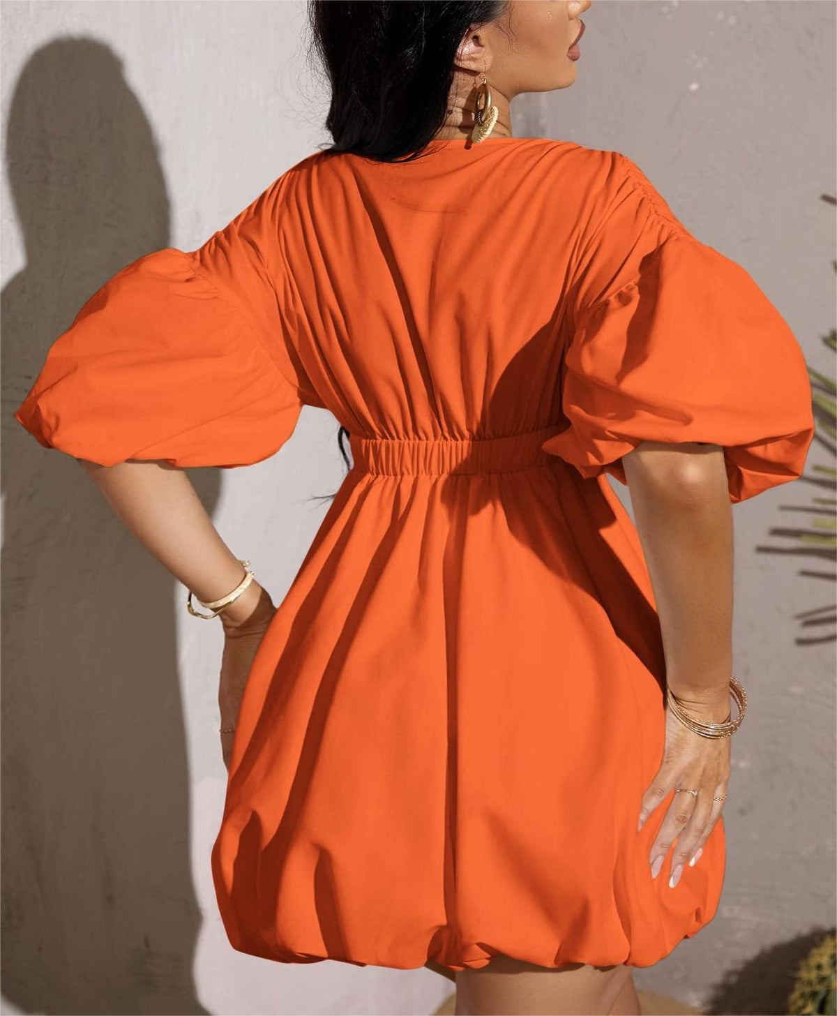 Women's Deep V-Neck Puffy Sleeve Elasticated High Waist Flared Dress