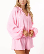 Women's Ruffle Long Sleeve Top and Shorts Two Piece Set With Pockets