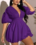Women's Deep V-Neck Puffy Sleeve Elasticated High Waist Flared Dress