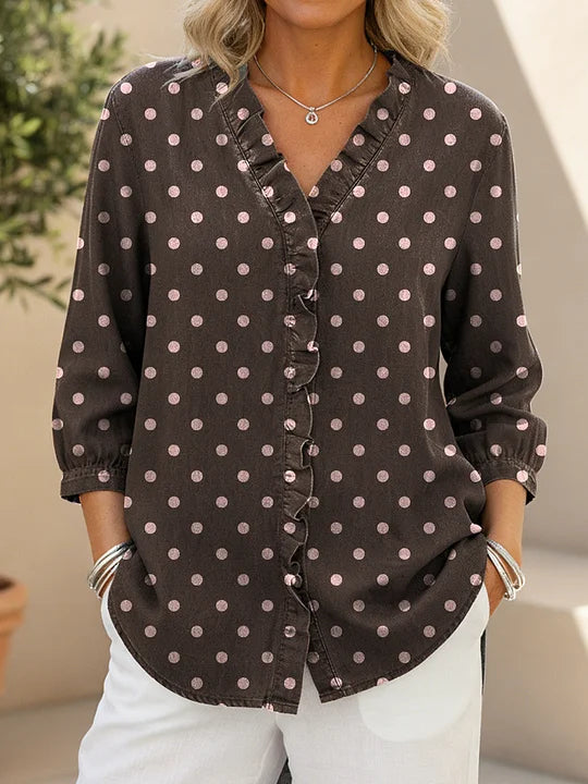 Women's Dots Print Casual Ruffled Denim Shirt