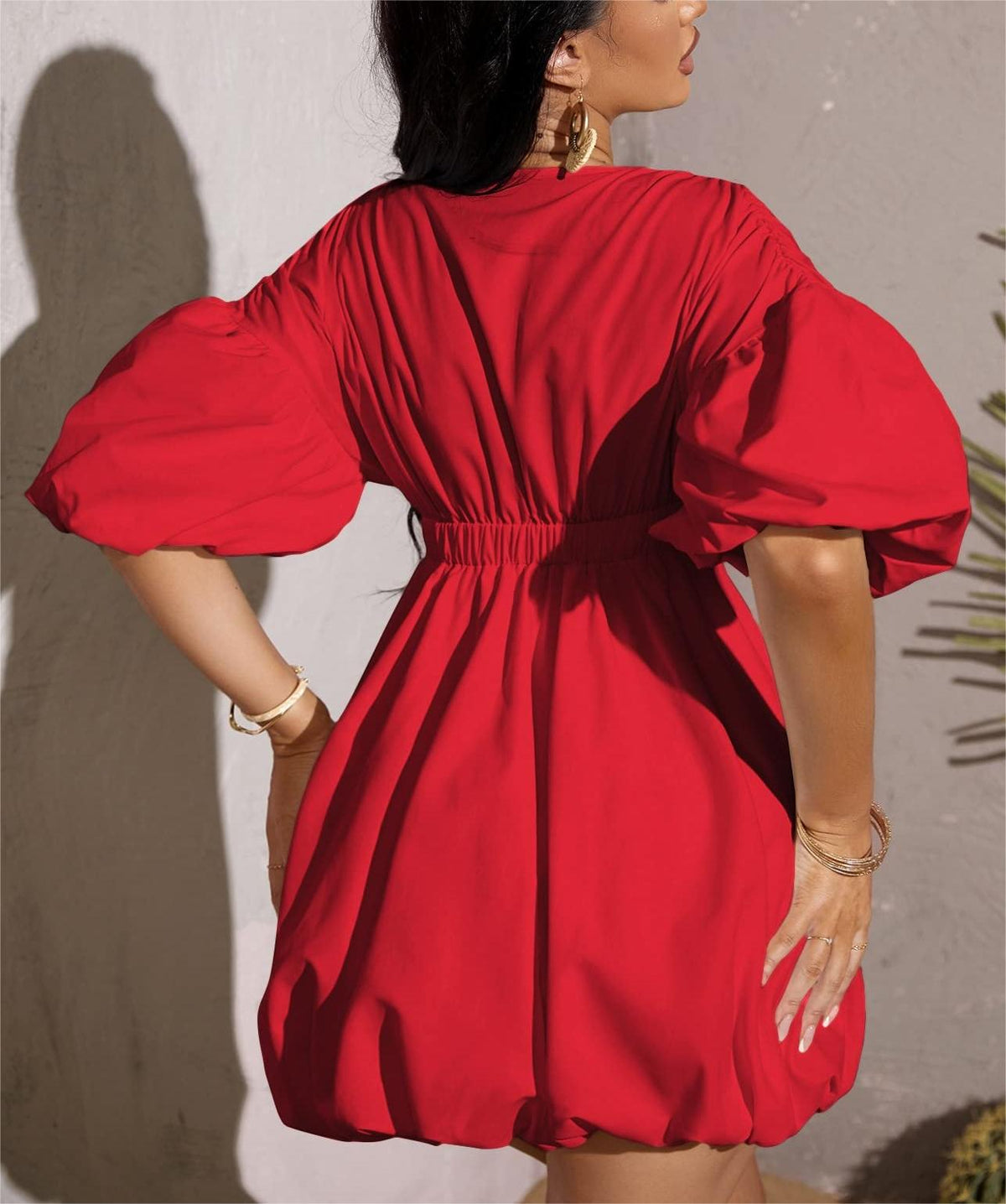 Women's Deep V-Neck Puffy Sleeve Elasticated High Waist Flared Dress