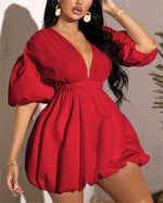 Women's Deep V-Neck Puffy Sleeve Elasticated High Waist Flared Dress