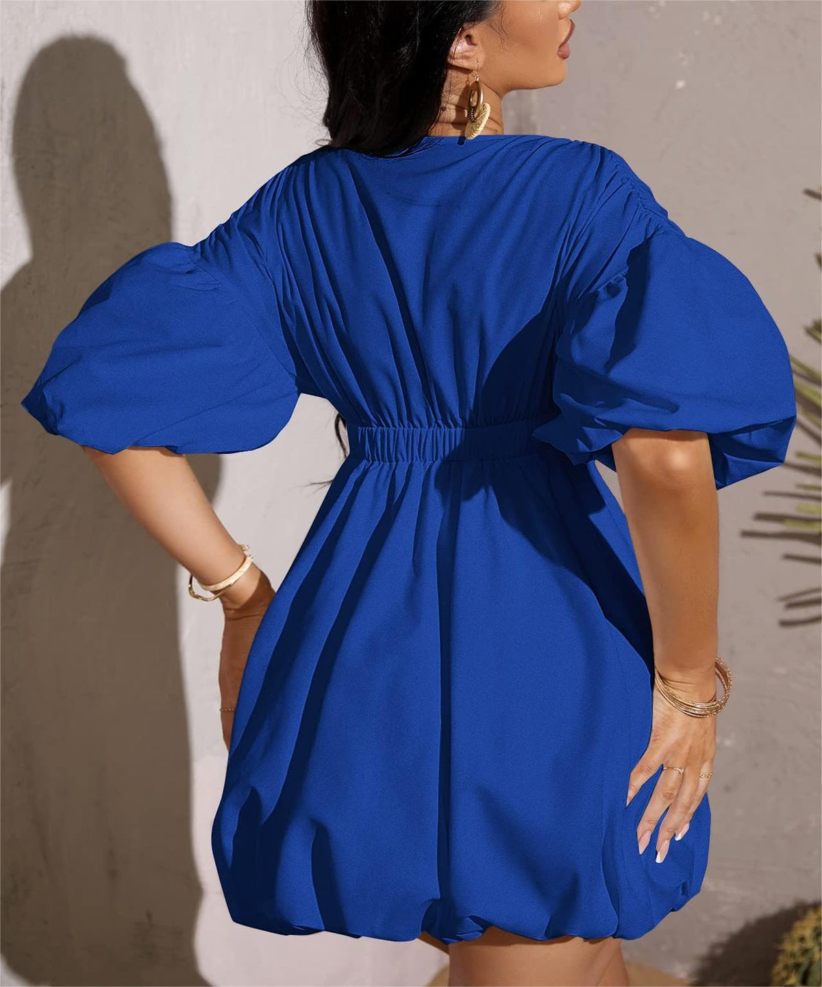 Women's Deep V-Neck Puffy Sleeve Elasticated High Waist Flared Dress