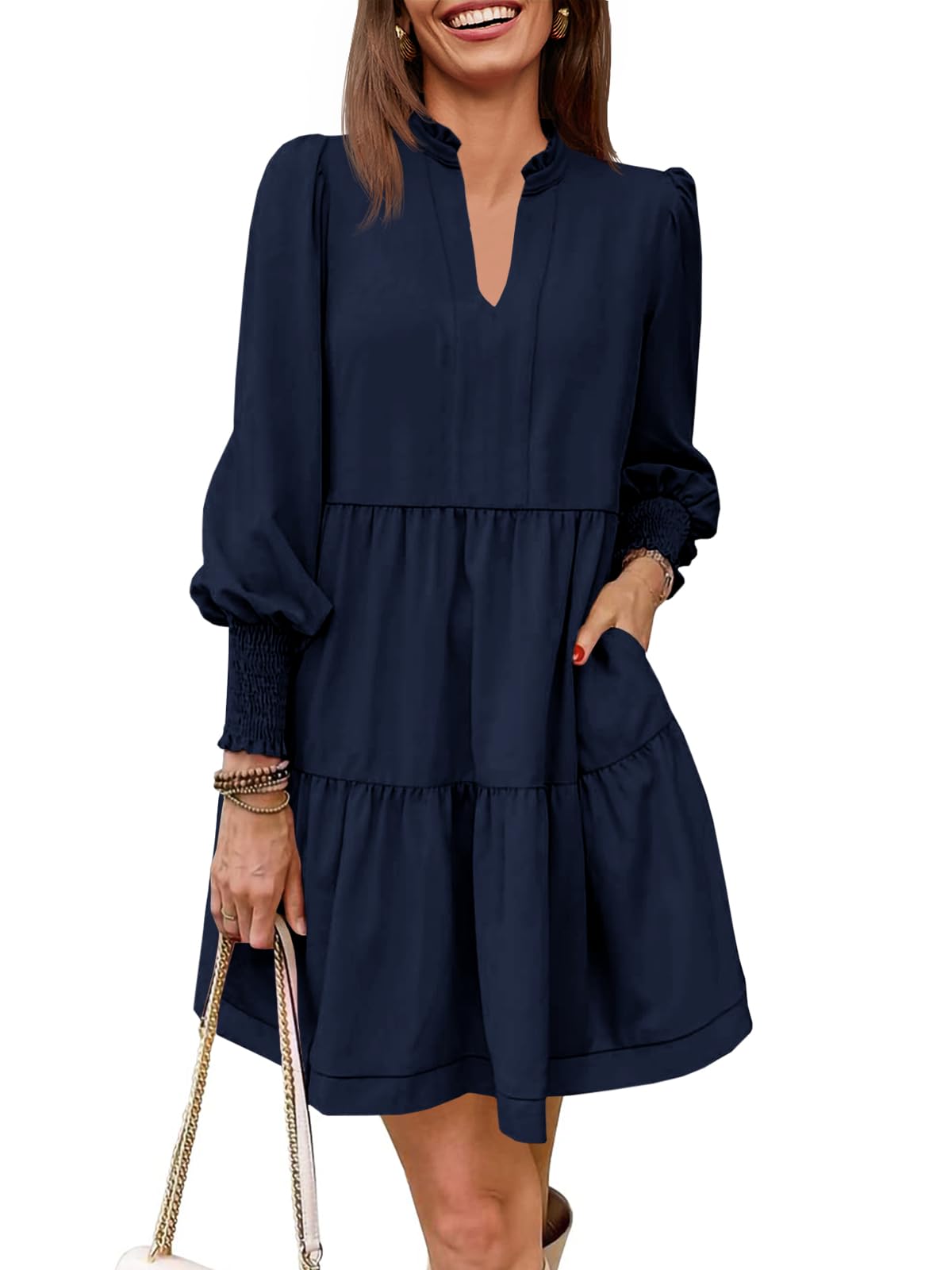 Women's V-Neck Long Sleeve Ruffle Tiered Dress
