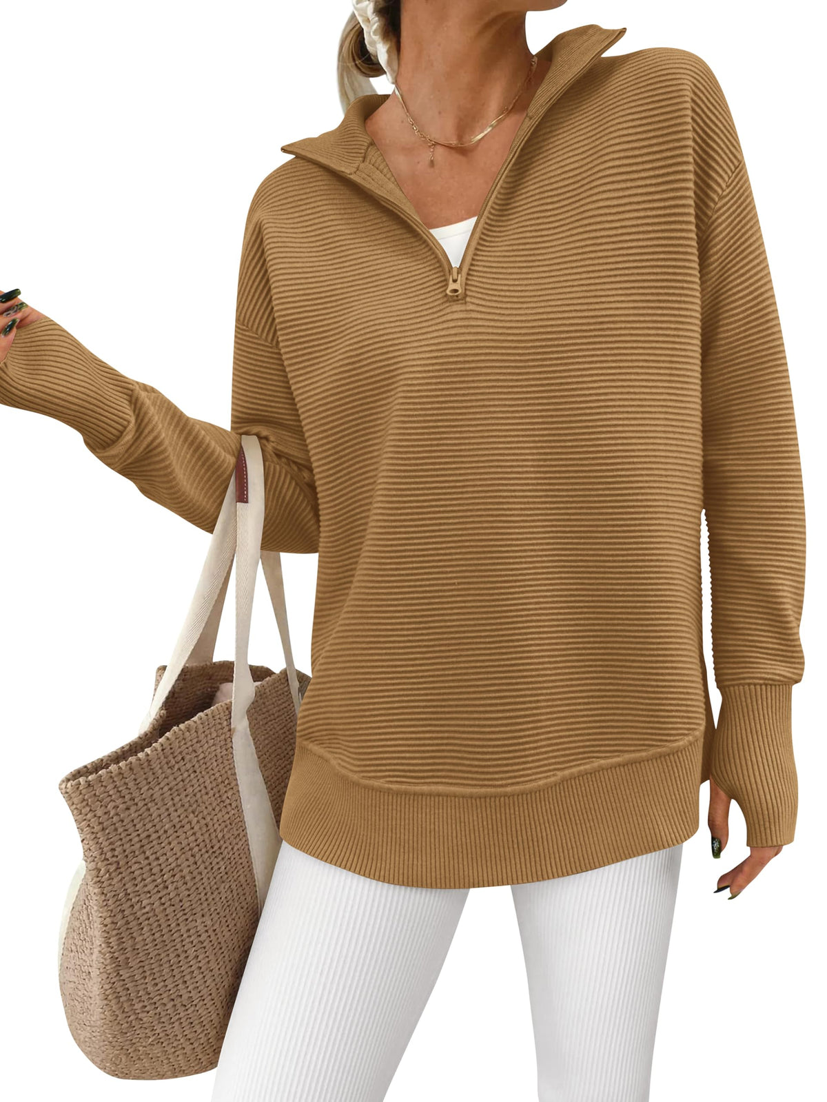 Women's Half Zip Oversized Ribbed Knit Pullover Sweater (Buy2 Free Shipping )