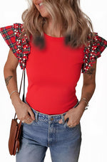 Women'sPlaid Ruffle Short Sleeve Pearl Tops