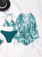 Geometric Print Halter Bikini Swimsuit & Cover Up 3 Piece Set