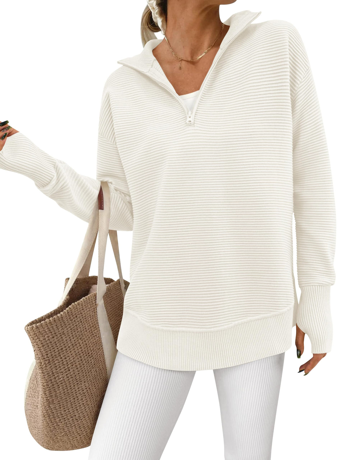 Women's Half Zip Oversized Ribbed Knit Pullover Sweater (Buy2 Free Shipping )