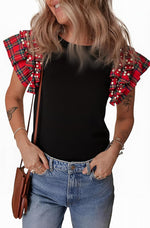 Women'sPlaid Ruffle Short Sleeve Pearl Tops