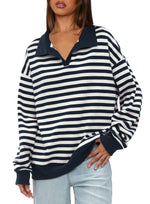 Women's Oversized Contrast Long Sleeve Striped Sweatshirts