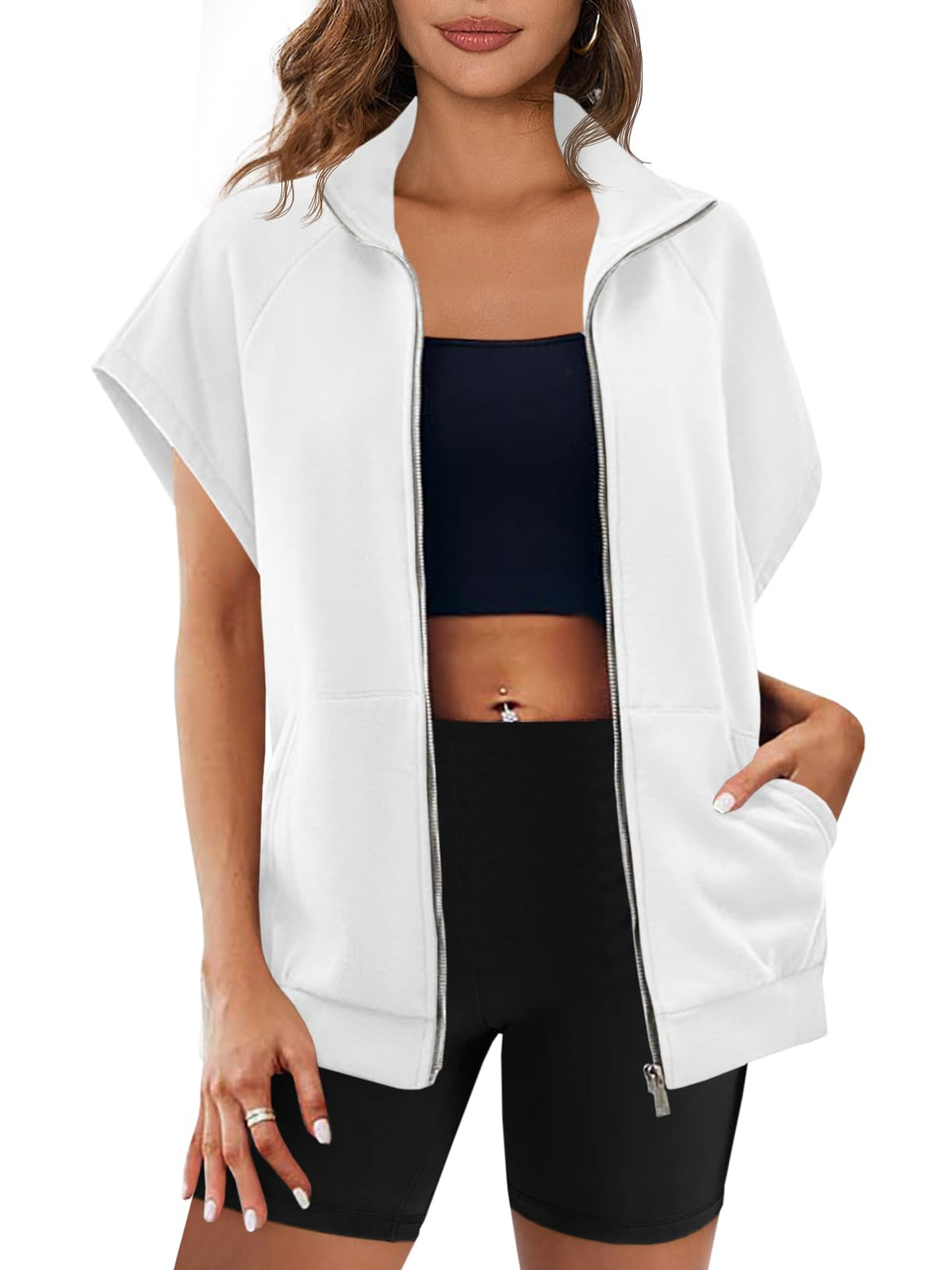 Sleeveless Oversized Casual Zip Sweatshirt with Pockets