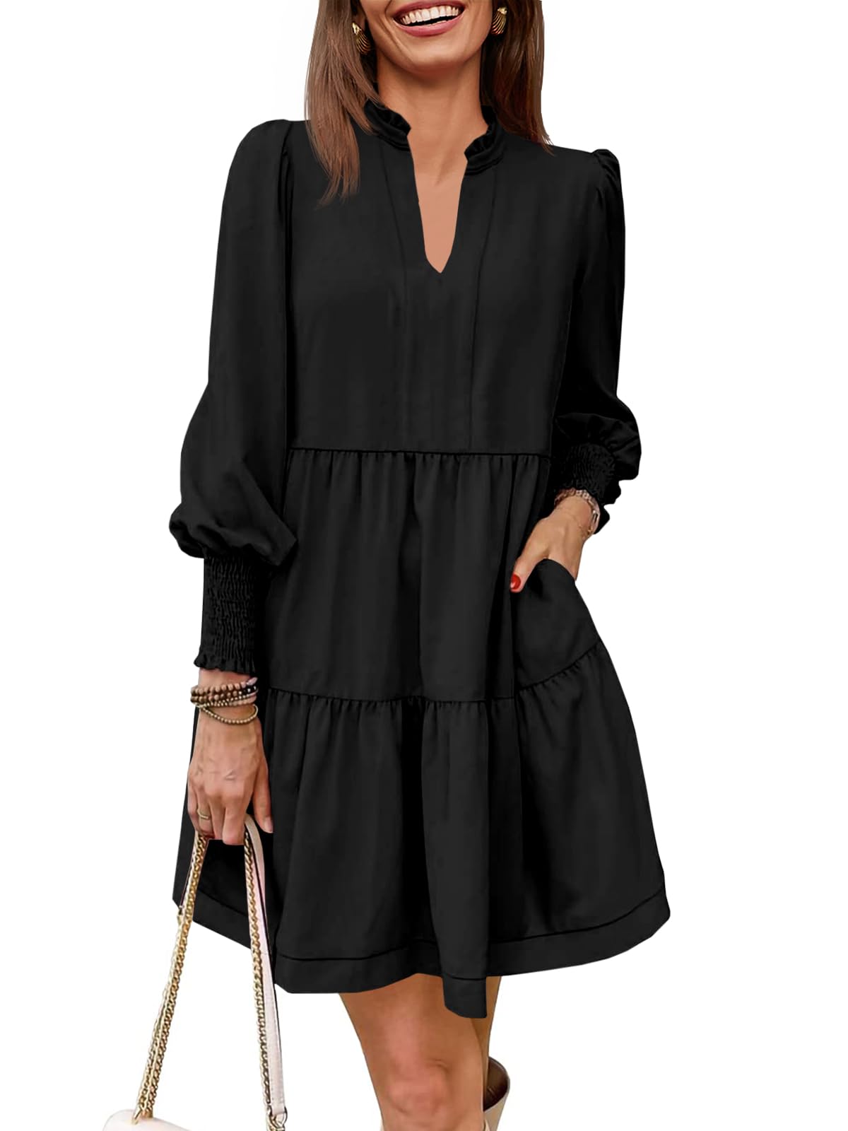 Women's V-Neck Long Sleeve Ruffle Tiered Dress