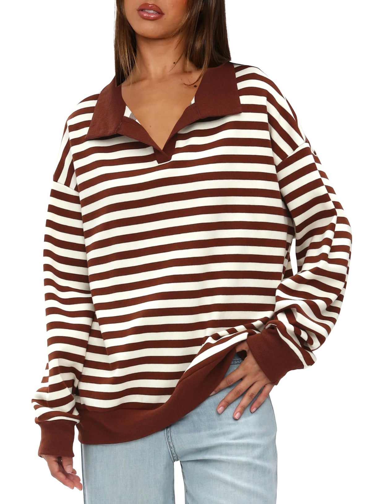 Women's Oversized Contrast Long Sleeve Striped Sweatshirts