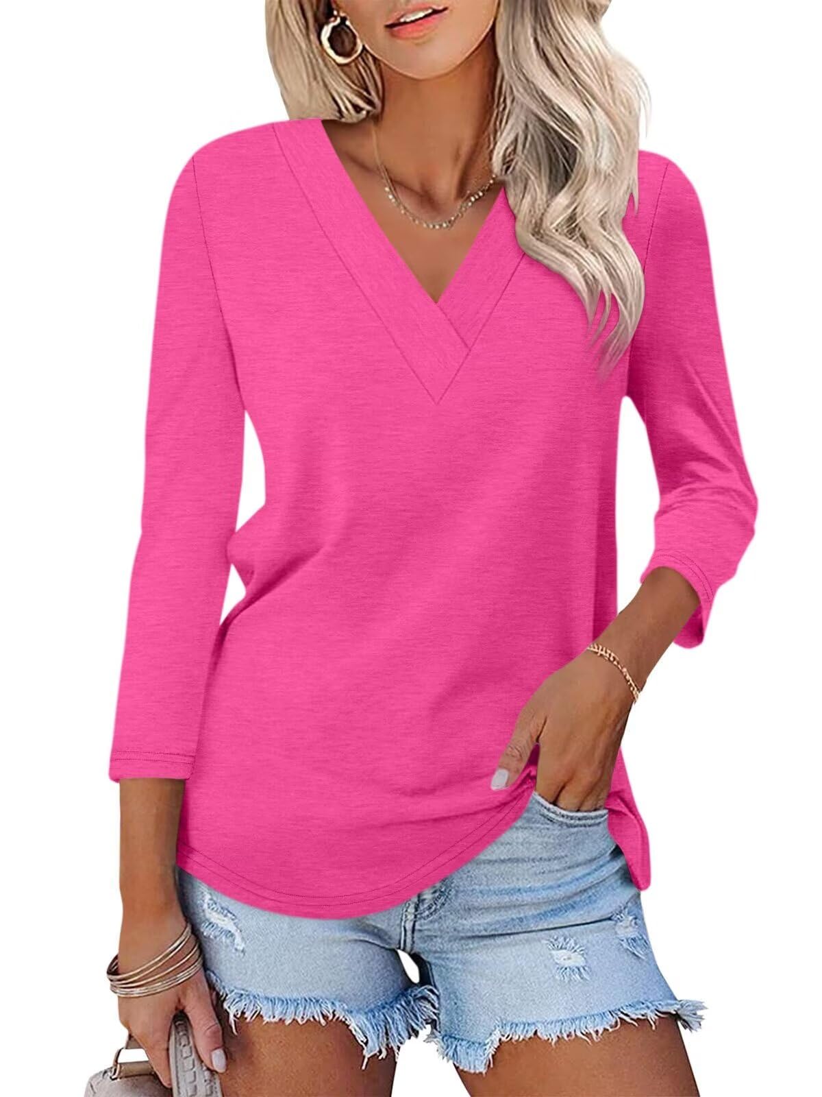 Women's 3/4 Length Sleeves V Neck Basic Tops