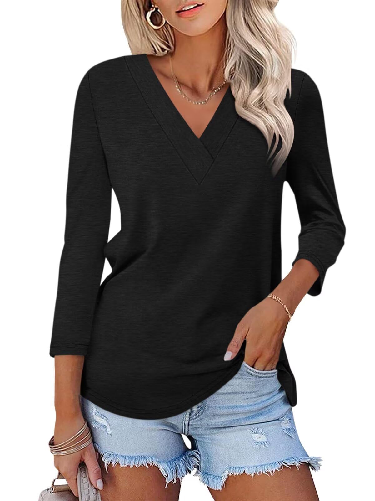 Women's 3/4 Length Sleeves V Neck Basic Tops
