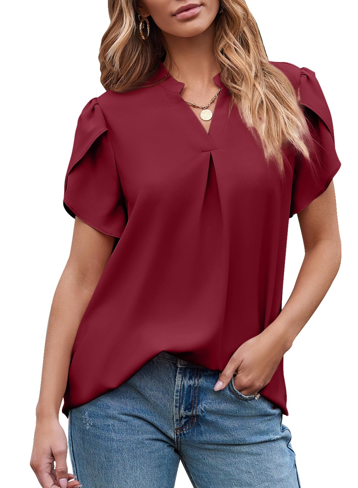 Women's Dressy Casual V Neck Cute Loose Petal Short Sleeve T-Shirts