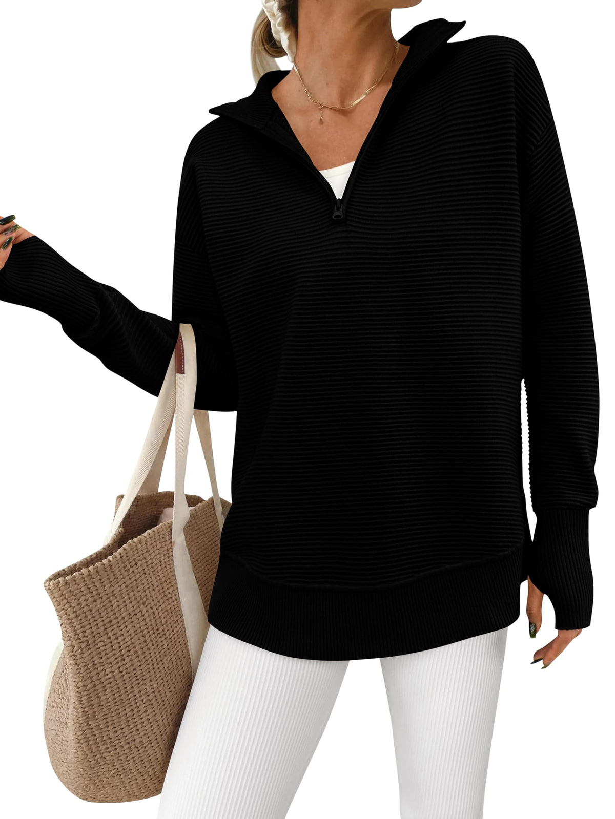 Women's Half Zip Oversized Ribbed Knit Pullover Sweater (Buy2 Free Shipping )