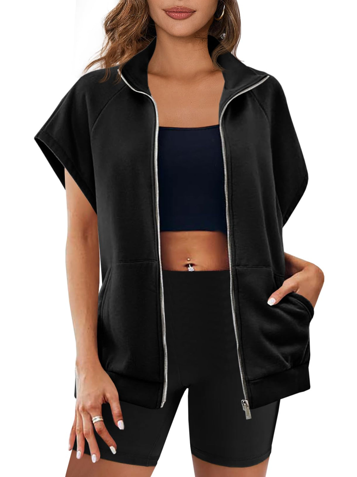 Sleeveless Oversized Casual Zip Sweatshirt with Pockets