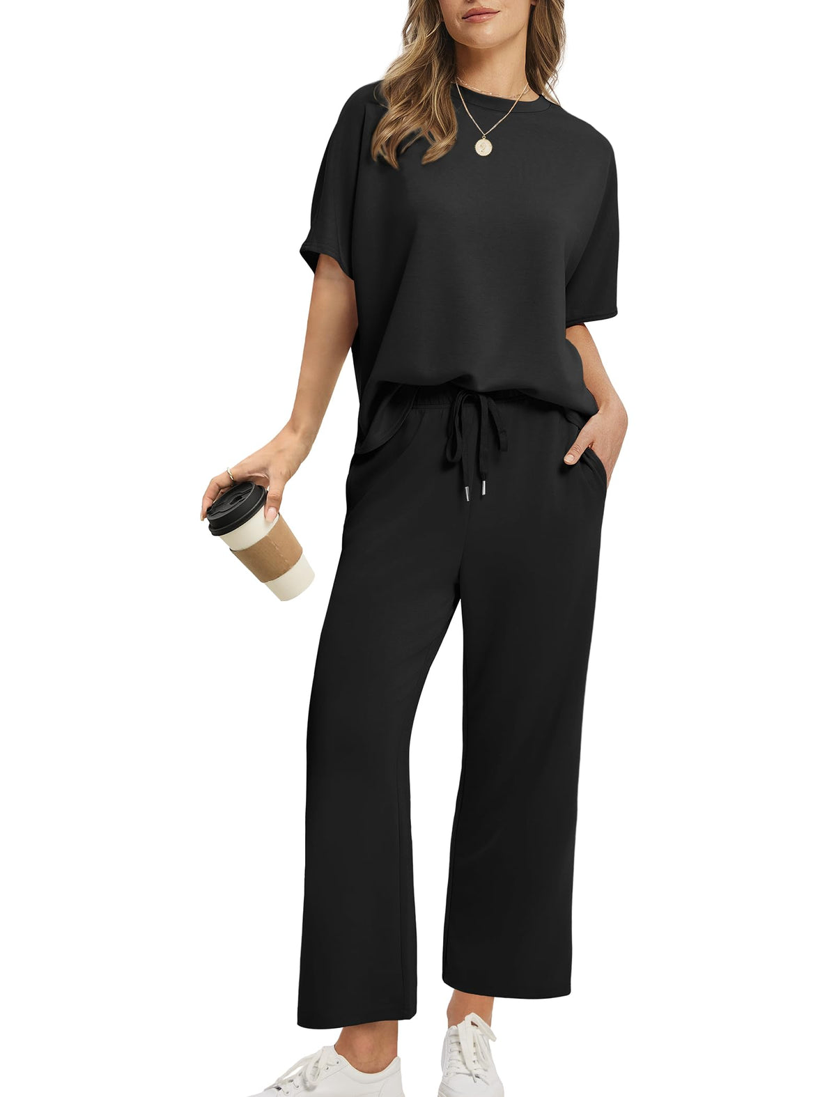Women Oversized T-shirt and Wide Leg Crop Pants 2 Piece Sets