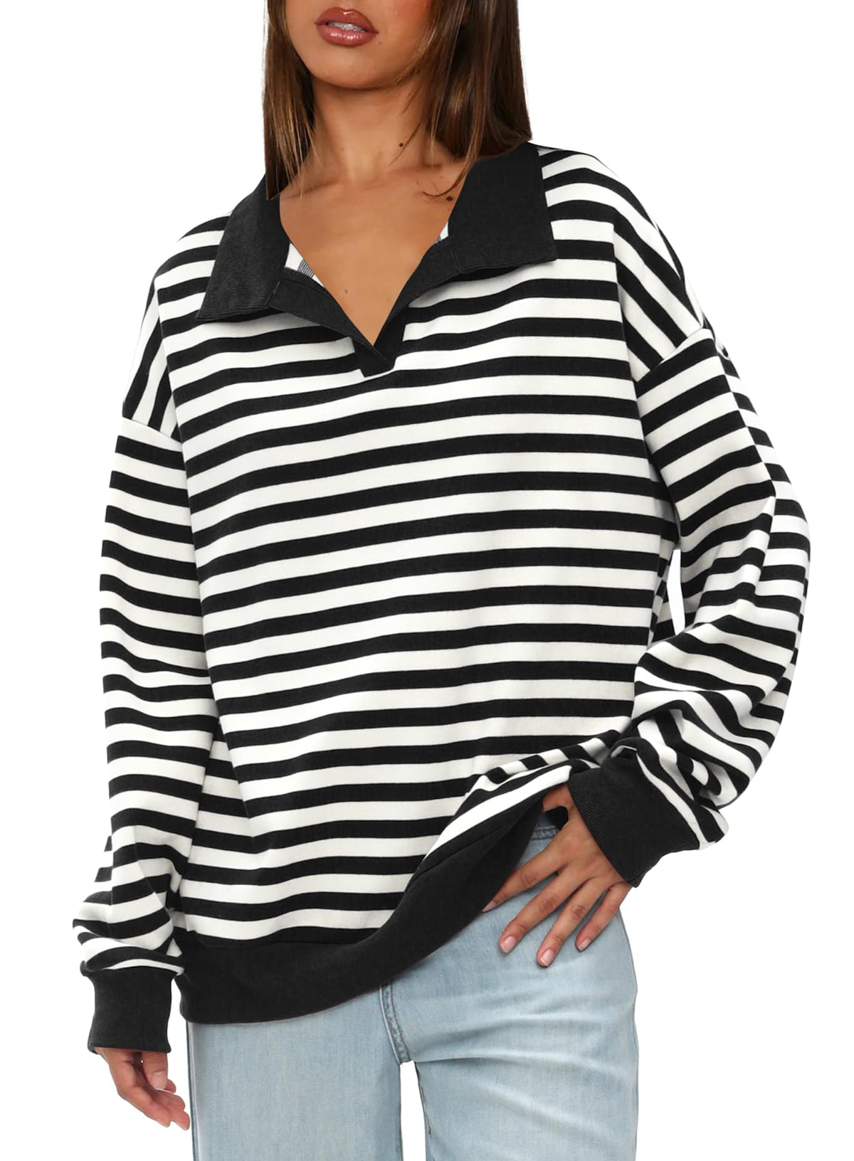 Women's Oversized Contrast Long Sleeve Striped Sweatshirts