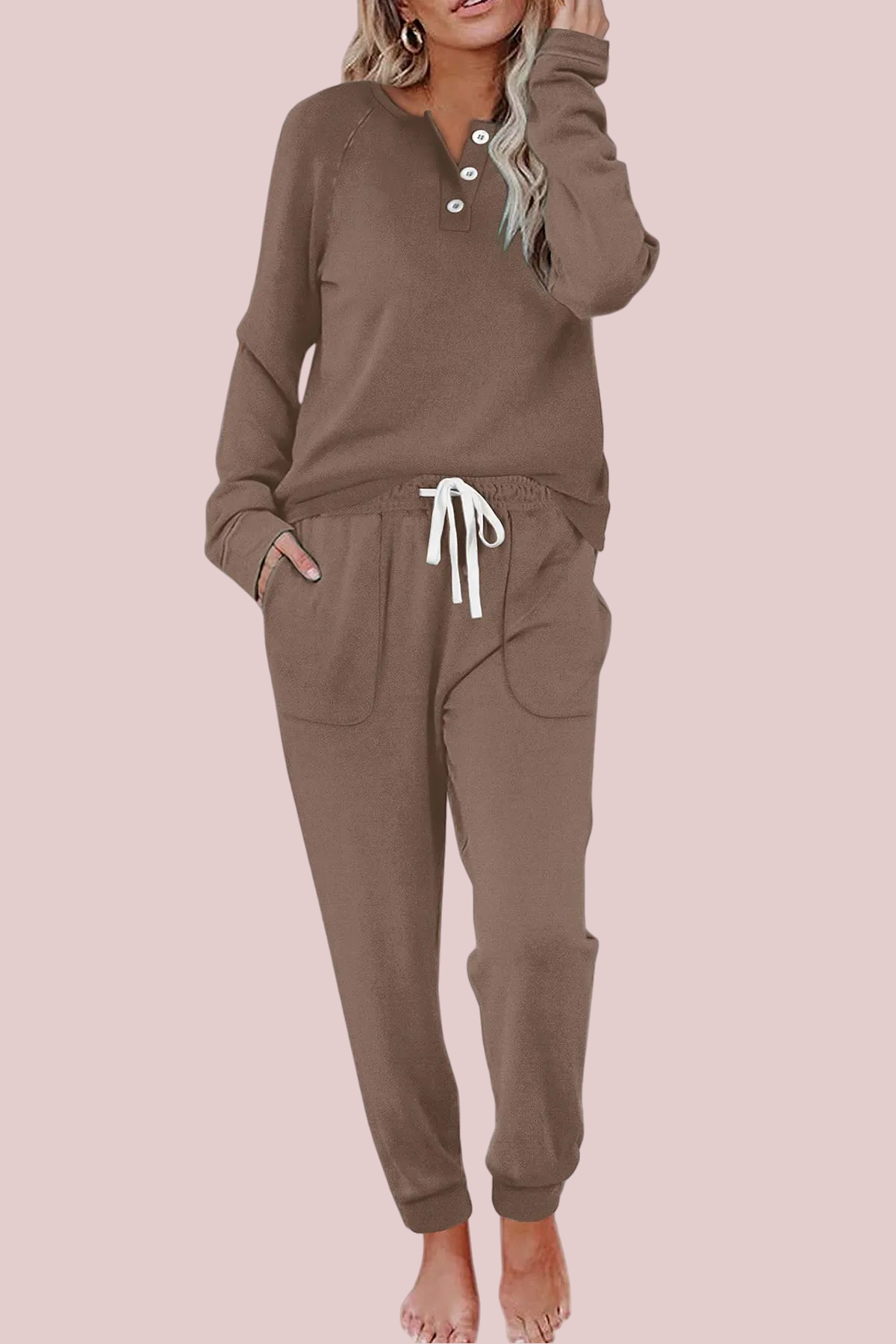 Women's Casual Button Sports Two-Piece Suit with Pockets