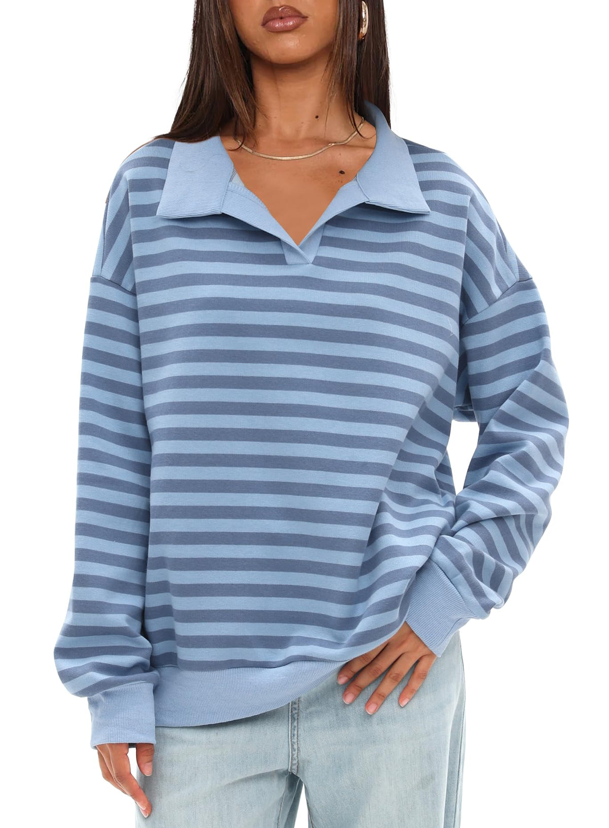 Women's Oversized Contrast Long Sleeve Striped Sweatshirts